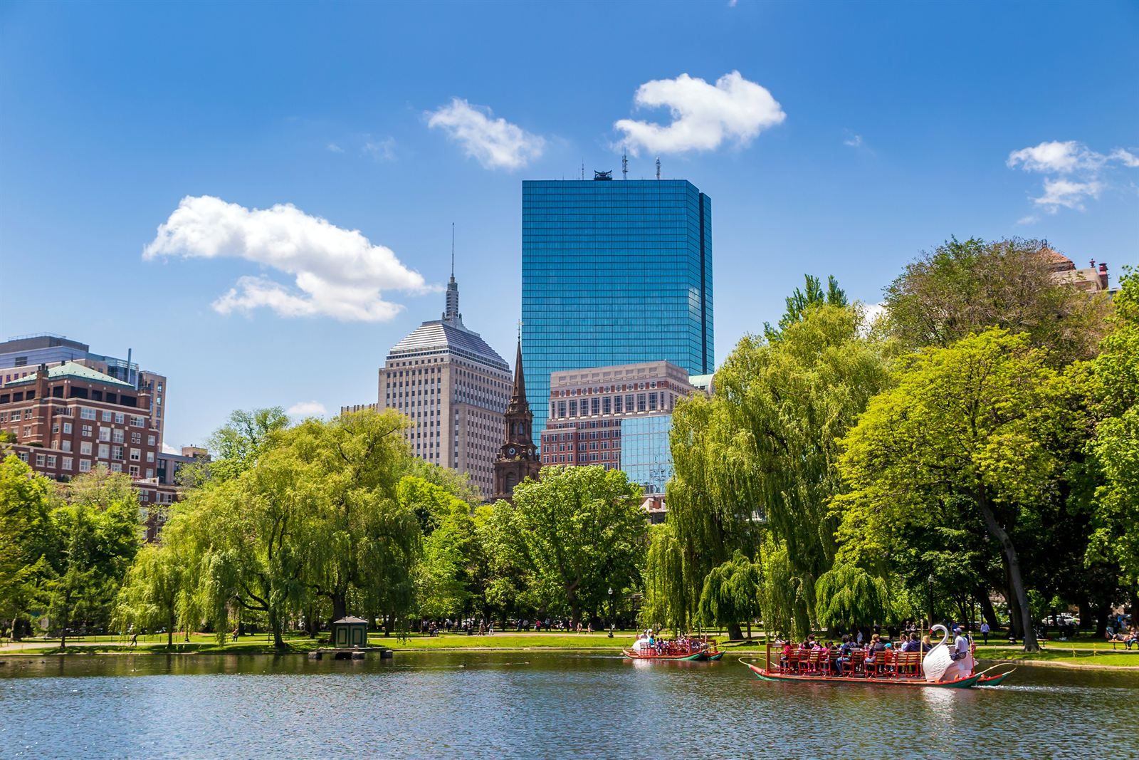 The Boston Public Garden lagoon with a swan boat and willow trees, and downtown towers behind